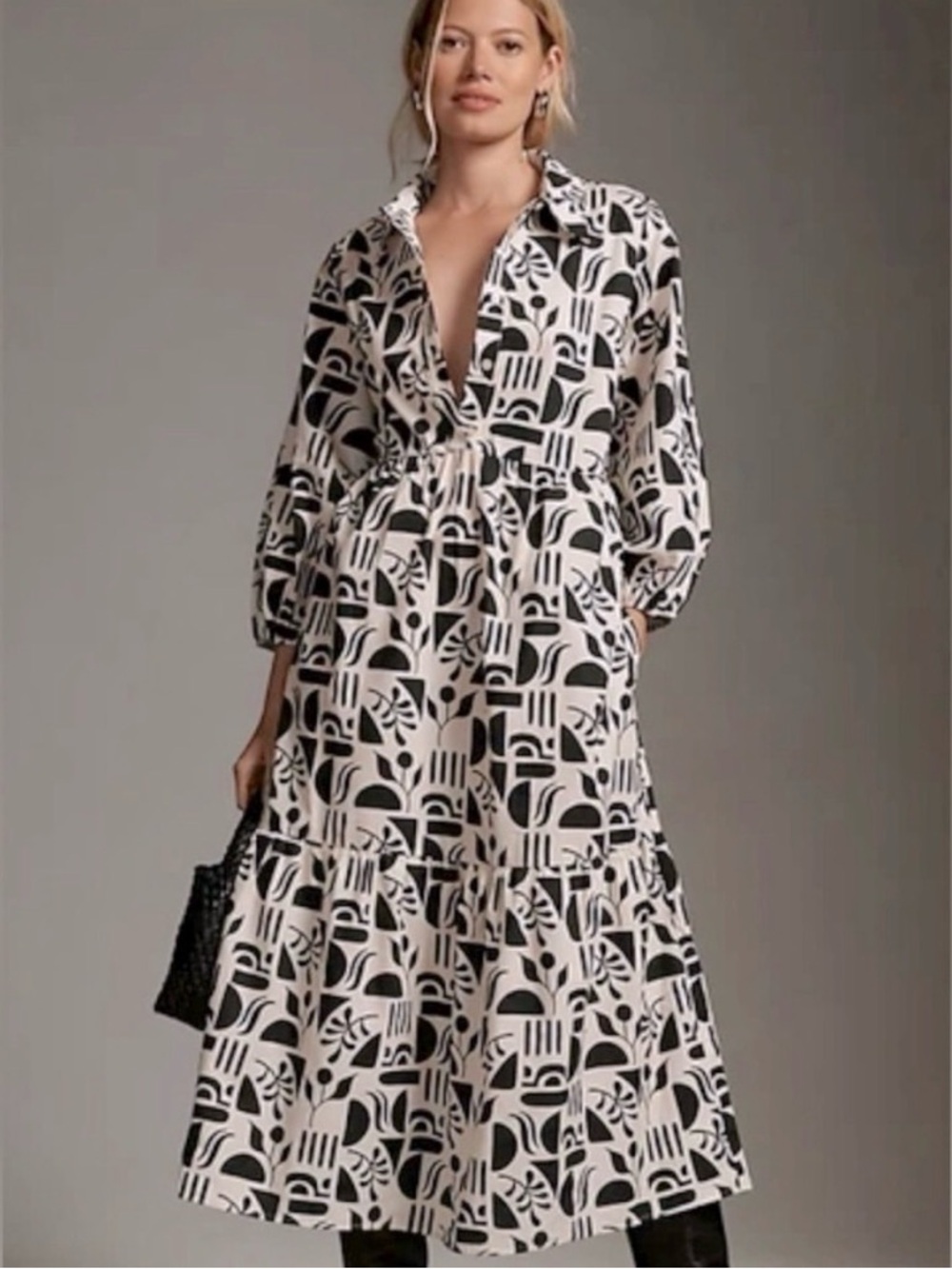 Maeve Anthropologie Bettina Tiered Shirt Dress Black Motif XL New - Picture 2 of 12
